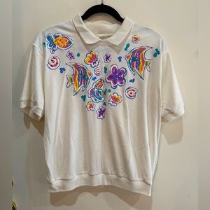Vintage 80s Jantzen Puffy Paint Colorful Fish Collared T-shirt Size Medium